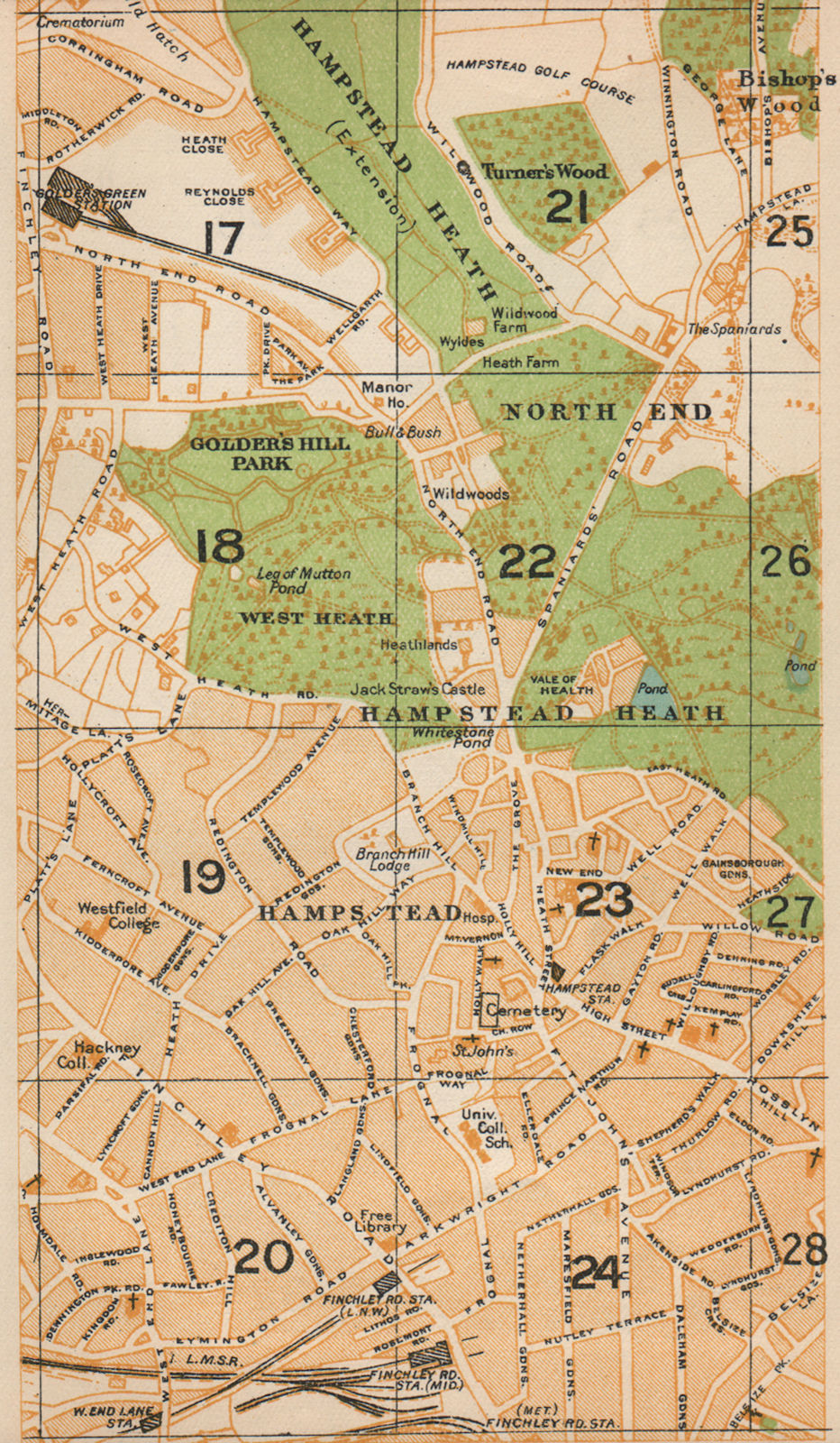 LONDON NW. Hampstead Heath Golders Green Finchley Road West End Lane 1927 map